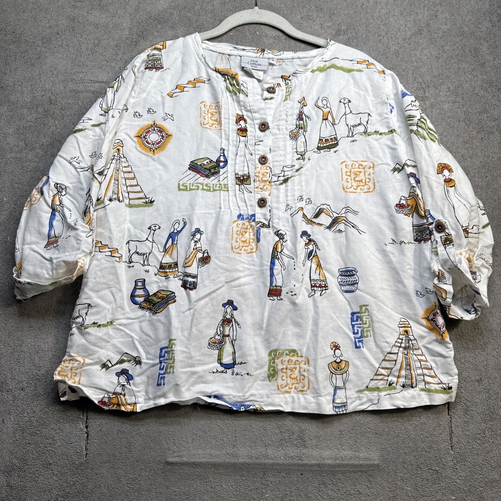 Hot Cotton Folk Art Linen Top White Scenic Print Button Front Size Large Vtg 90s